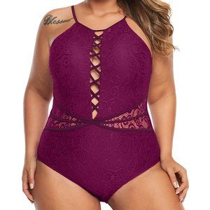 Host Pick! Purple Plus High-Neck One Piece Swimsuit